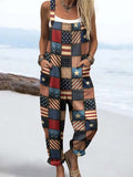 Wome'S Vintage Independence Day American Flag Checkered Pattern Print Casual Cotton Wide Leg Jumpsuit