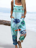 Wome's Vintage Sea Fish Pattern Print Casual Cotton Wide Leg Jumpsuit