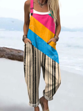 Wome'S Holiday Style Irregular Artistic Stripes Print Casual Cotton Wide Leg Jumpsuit