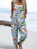 Wome's Holiday Style Vegetable Fish Pattern Print Casual Cotton Wide Leg Jumpsuit