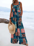 Women's Vintage Hippie Print Casual Strap Wide Leg Pants Jumpsuit