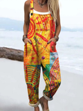 Women's Vintage Abstract Sun Art Print Casual 100% Cotton Wide Leg Jumpsuit