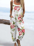 Wome's Elegant Rose Pattern Print Casual Cotton Wide Leg Jumpsuit
