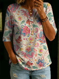 Women’s Vintage Floral Print Casual Half Sleeve Henley Cotton Top RSST205