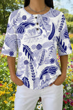 Womens Blue White Leaf Floral Print Casual Waffle Cotton Shirt