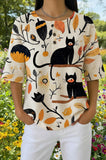 Womens Cream Celestial Black Cat Print Casual Shirt