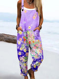 Women's Vintage Flower Art Print Casual Cotton Wide Leg Jumpsuit