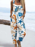 Wome'S Holiday Style Starfish, Turtle, Seahorse Pattern Print Casual Cotton Wide Leg Jumpsuit