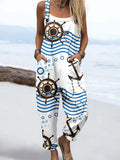 Wome'S Holiday Style Rudder Pattern Print Casual Cotton Wide Leg Jumpsuit