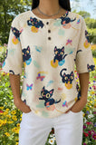 Womens Beige Butterfly Cat Print Casual Shirt