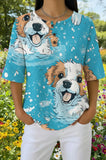 Womens Blue Snowflake St. Bernard Print Casual Shirt