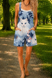 Women’s Blue Elegant Cat Floral Print Casual Cotton Wide Leg Romper