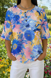 Womens Blue Abstract Floral Print Casual Waffle Cotton Shirt