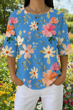 Womens Sky Blue Blossom Floral Print Casual Waffle Cotton Shirt