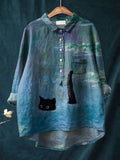 Women's Oil Painting Cat Art Print Casual Cotton And Linen Shirt RB091