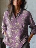 Women's Vintage Lovely Floral Art Print Casual Cotton And Linen Shirt