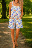 Women’s White Blue Daisy Print Casual Cotton Wide Leg Romper