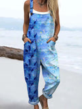 Women's Vintage Blue Ocean Art Print Casual Cotton Wide Leg Jumpsuit