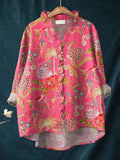 Women's Vintage Flowers Art Print Casual Linen V-neck Shirt