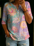 Women’s Vintage Floral Print Casual Half Sleeve Henley Cotton Top RSST207