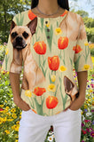 Womens Beige Tulip Dog Print Casual Waffle Cotton Shirt