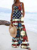 Women's Independence Day Rose Pattern Loose Linen Material Jumpsuits
