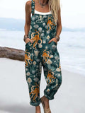 Women's Vintage Octopus Print Casual Cotton Wide Leg Jumpsuit