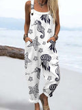 Wome'S Holiday Style Watercolor Seahorse Stars Pattern Print Casual Cotton Wide Leg Jumpsuit