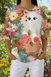 Womens Beige Floral Cat in Basket Print Casual Shirt