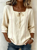 Women's Square-neck 3/4-sleeve Loose-fit Cotton-linen Top