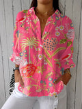 Women's Vintage Flowers Art Print Casual Linen V-neck Shirt