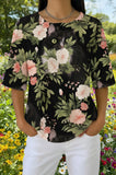 Womens Black White Floral Cat Print Casual Shirt