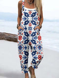 Wome'S Independence Day Floral Pattern Print Casual Cotton Wide Leg Jumpsuit
