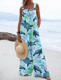 Women's Holiday Style Turtle Pattern Loose Linen Material Jumpsuits