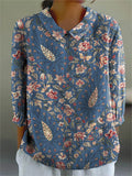Women's Vintage Lovely Floral Art Print Casual Cotton And Linen 3/4 Sleeve Shirt