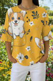 Womens Yellow White Dog Leaf Print Casual Shirt