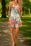 Women’s Gray Coral Floral Cat Print Casual Cotton Wide Leg Romper