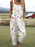Women's Vintage Bee Floral Art Print Casual Cotton Wide Leg Jumpsuit