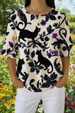 Womens White and Black Floral Cat Silhouette Print Casual Shirt