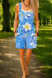 Women’s Blue Daisy Floral Print Casual Cotton Wide Leg Romper