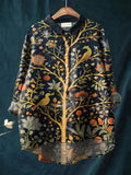 Women's Indian Art Tree Bird Floral Vintage Art Print Casual Cotton And Linen Shirt RB003
