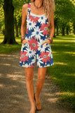 Women’s Red Blue Tropical Floral Print Casual Cotton Wide Leg Romper