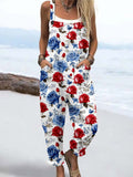 Wome'S Vntage Blue And Red Rose Independence Day Pattern Print Casual Cotton Wide Leg Jumpsuit