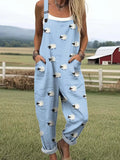 Women's Lovely Sheep Art Print Casual Cotton Wide Leg Jumpsuit