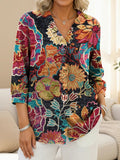 Women's Vintage Floral Art Print Casual Ruffled Denim Shirt RSDS2902