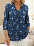 Women's Little Flowers Print Casual Ruffled Denim Shirt RSDS2903