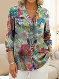 Women's Vintage Dreamy Floral Art Print Casual Ruffled Denim Shirt RSDS2904