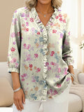 Women's Colorful Little Flowers Print Casual Ruffled Denim Shirt RSDS2906