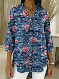 Women's Floral Pattern Art Print Casual Ruffled Denim Shirt RSDS2912