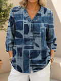 Women's Geometric Art Print Casual Ruffled Denim Shirt RSDS2916